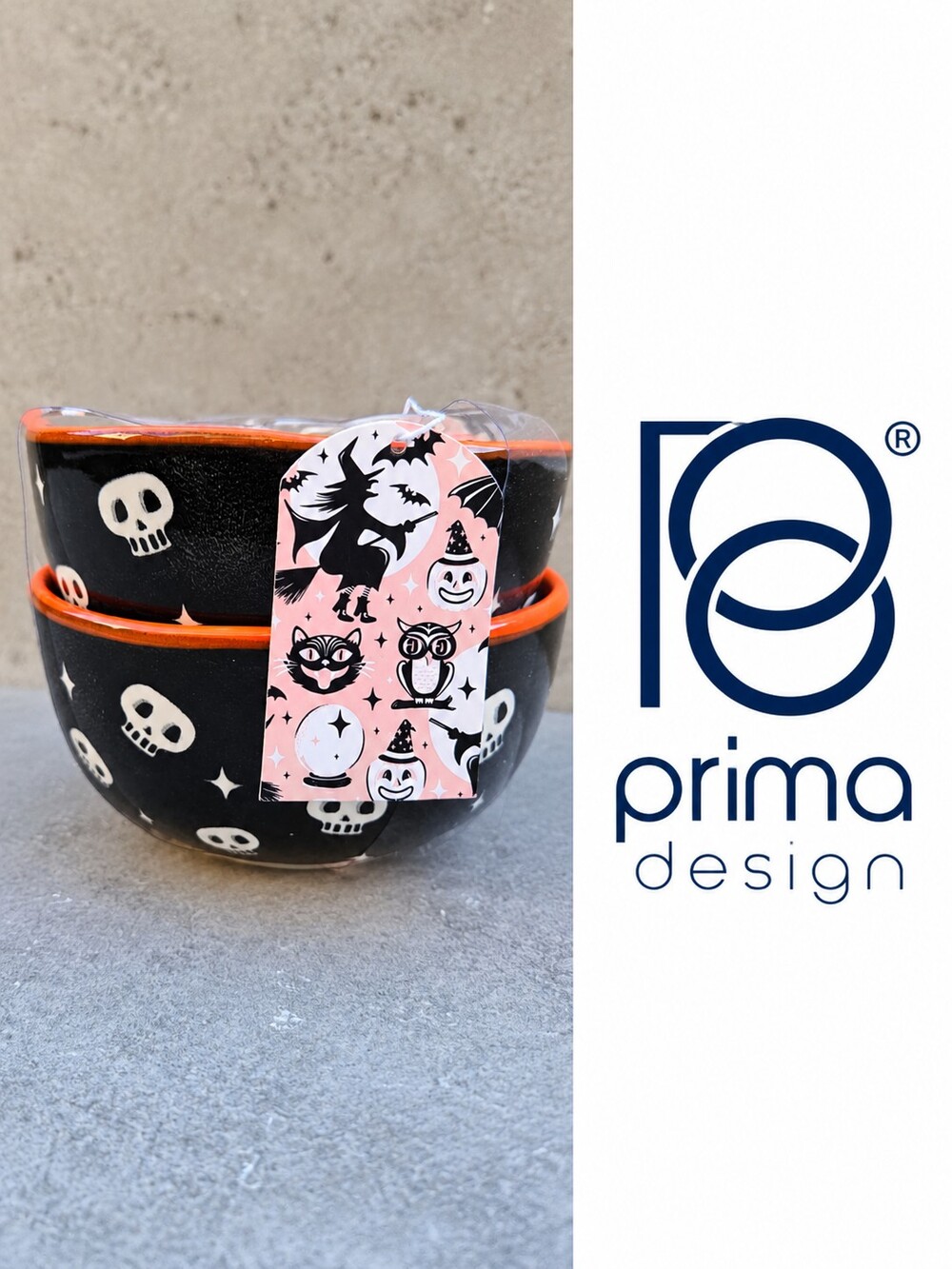 NEW Prima Design Halloween Ceramic Bowls Set of 2 Skulls Witches Bats 6"